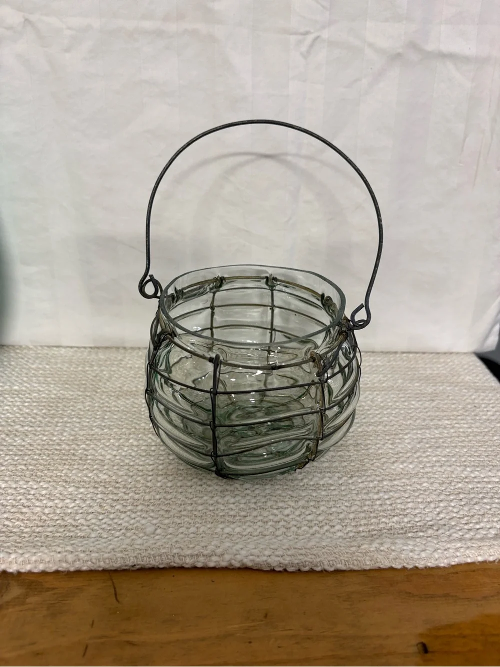 Vintage Glass Lantern Vase with Wire Cage Handle - Clear Glass